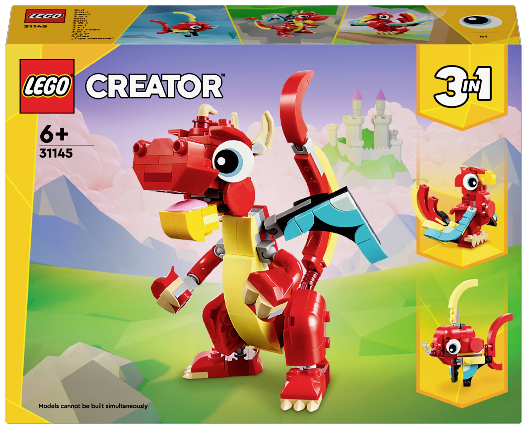 LEGO Creator 3-in-1 Set 'Mythical Creatures' for children aged 6 and above. Includes a large red dragon and two additional models.