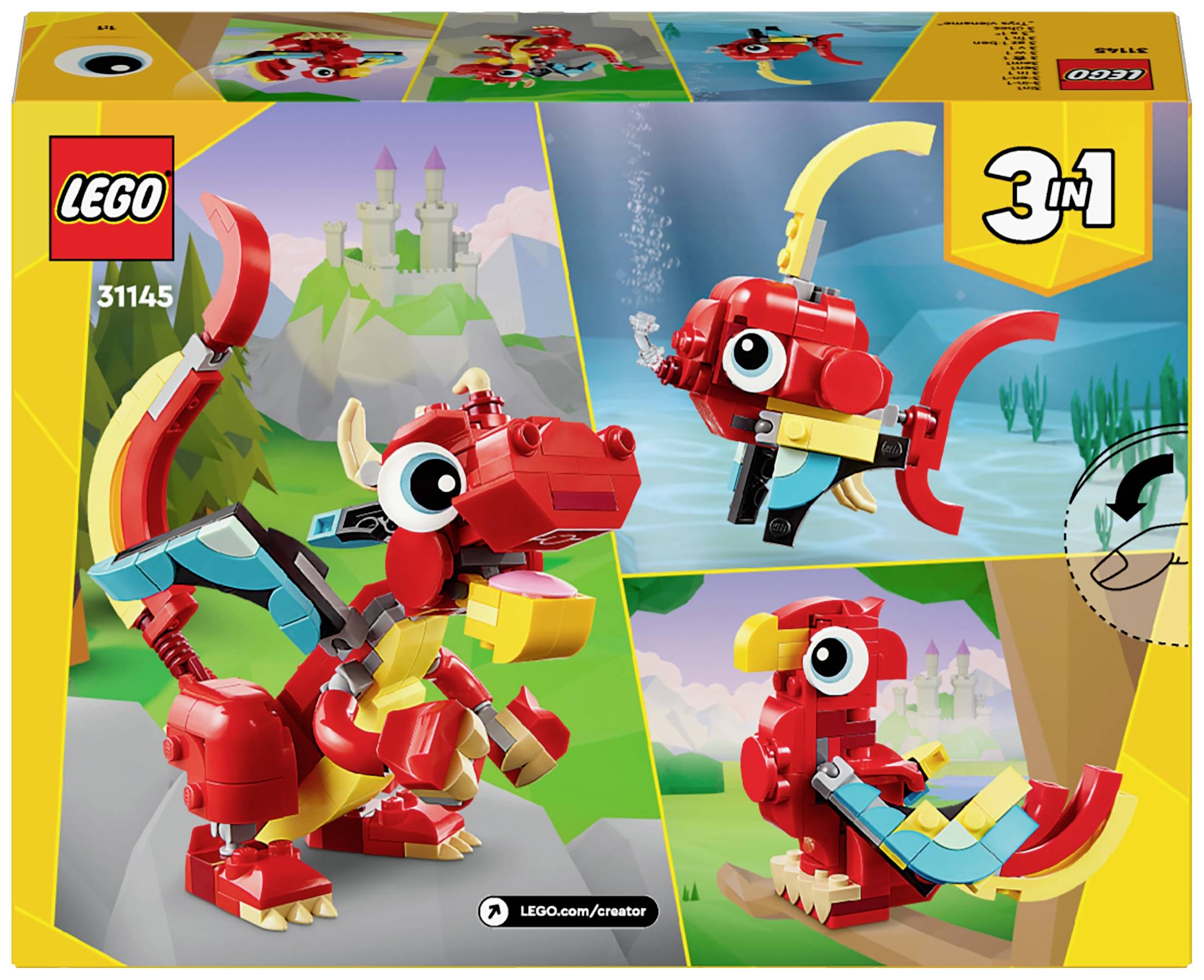 LEGO Set 31145 features a red dragon, a fish, and a parrot to build. The dragon stands in the foreground against a castle backdrop.