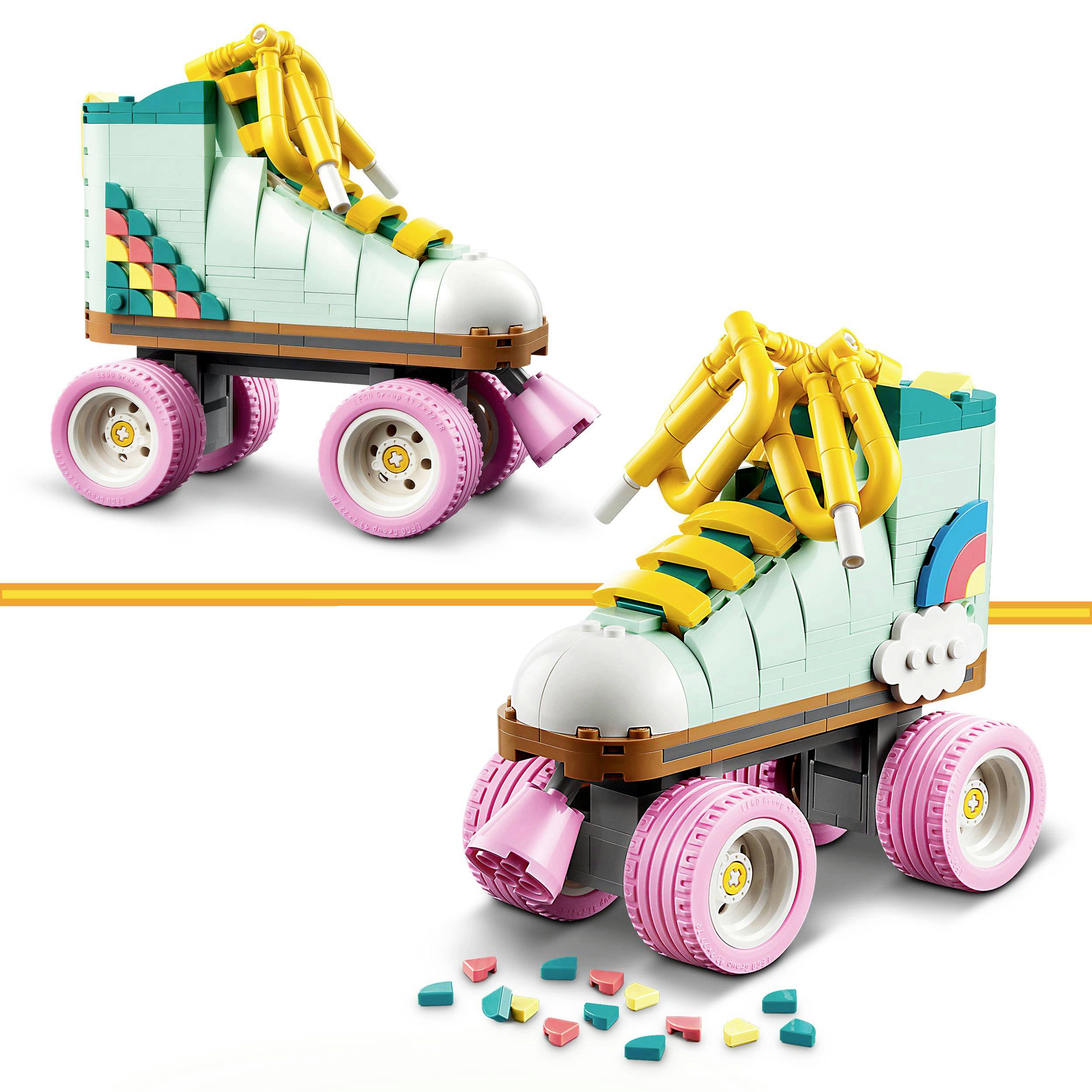 Colourful roller skates made from building blocks, consisting of pastel-coloured blocks and skate straps, depicted against a neutral background.