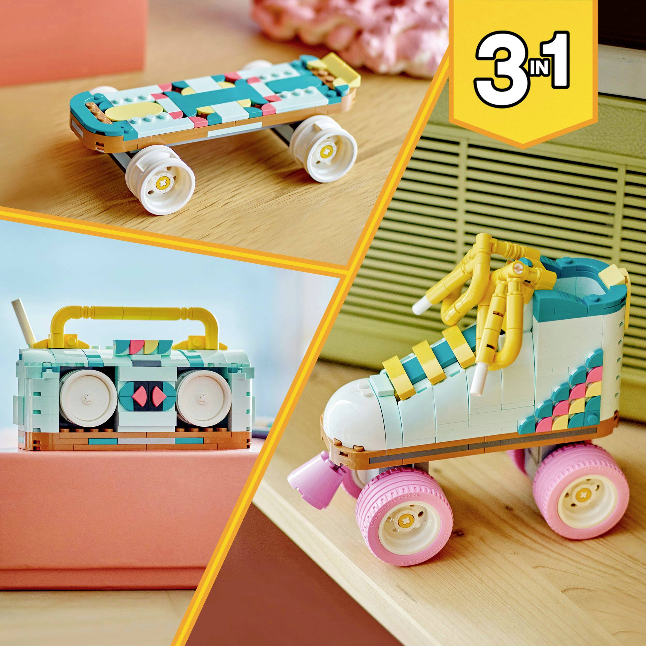 Three-in-One construction kits showcasing a skateboard, a portable speaker, and a roller skate made from colourful building blocks.