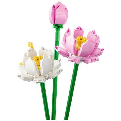 Three LEGO lotus flowers in pink and white with green stems. One bud and two open blooms.