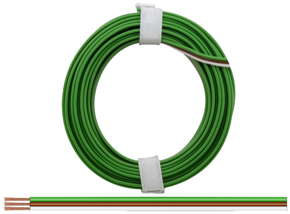 A green cable reel with copper cores, partially exposed, with white holders.