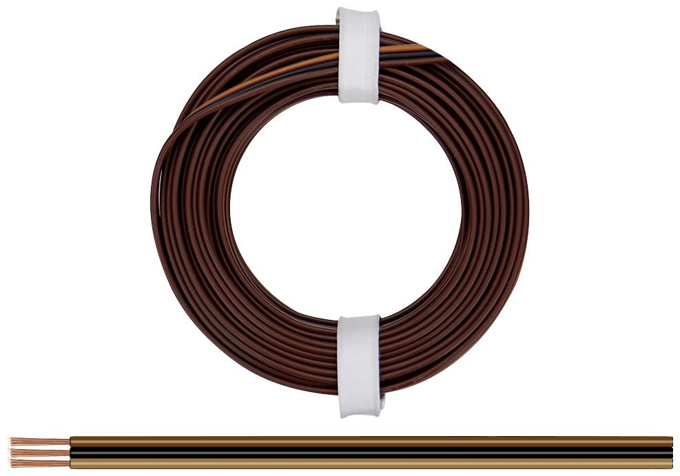 Brown copper wire, neatly coiled and secured with two white bands, with a wire cross-section showing copper cores beside it.