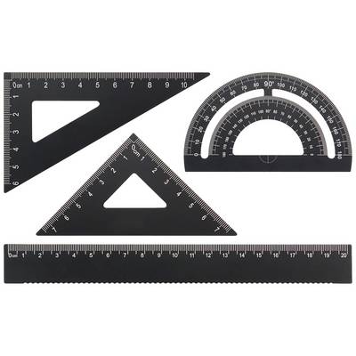 'Dark geometry set comprising a 30°, 60° protractor, 45° protractor, ruler and semicircle projector, all with white markings.'