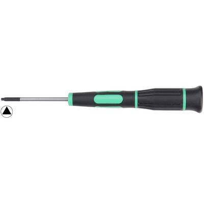 A screwdriver with a black handle and green accents, featuring a triangular tip, identifiable by the symbol on the left.