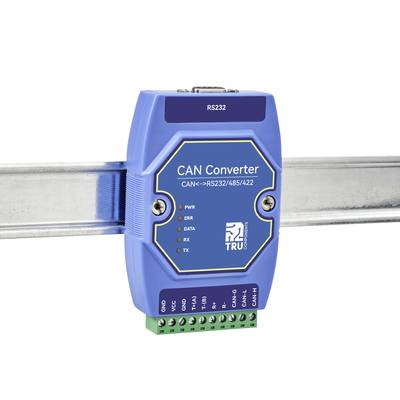 A blue CAN converter on a metal rail, with indicators for power supply, error, data reception, and transmission.