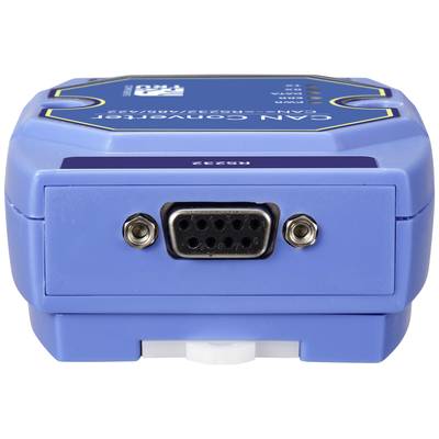 A blue CAN converter with a serial connection. LEDs and labels are visible on the top. Device is used for data transmission.