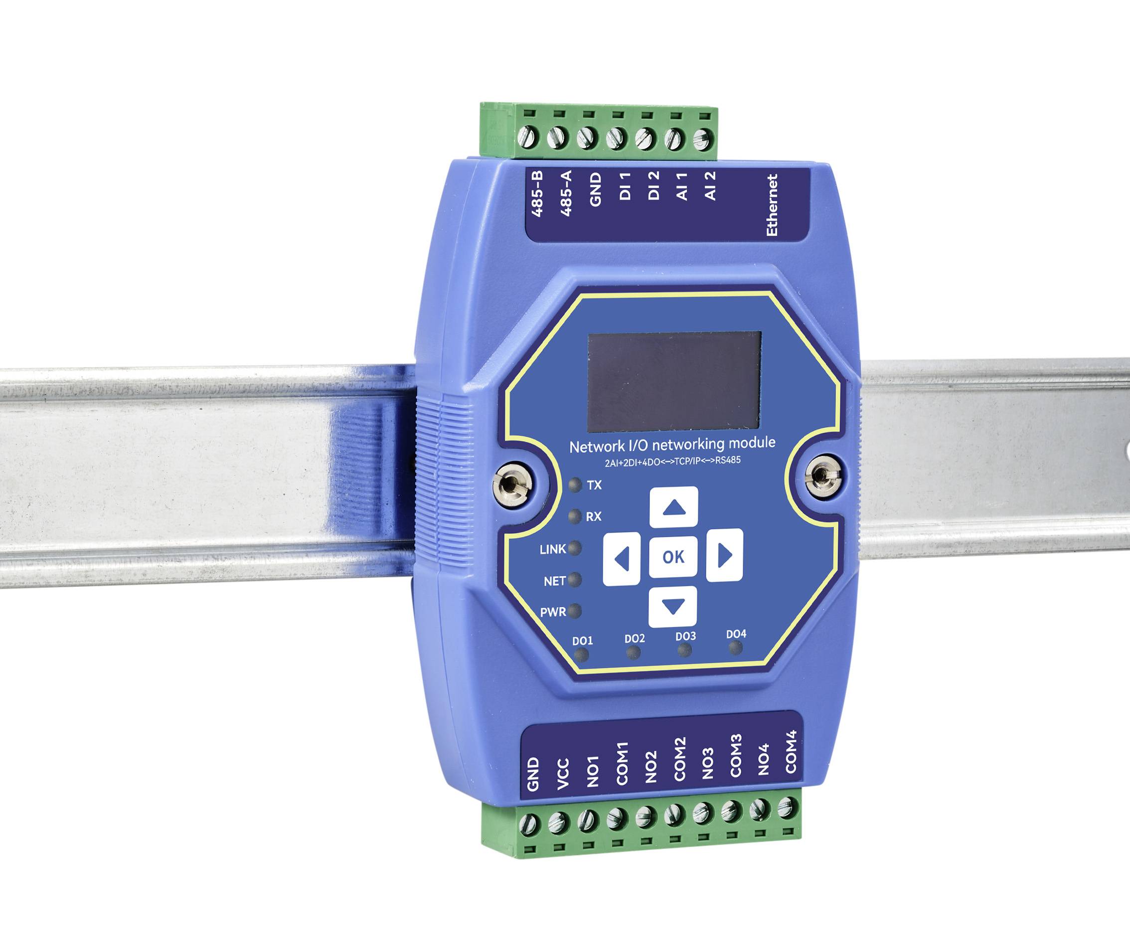A blue network I/O module is mounted on a metal rail. It features a display, control buttons, and multiple connection terminals.
