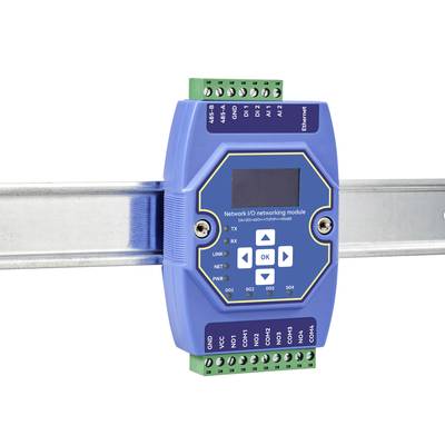 A blue network I/O module is mounted on a metal rail. It features a display, control buttons, and multiple connection terminals.