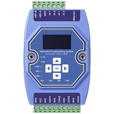 Blue network I/O module with display and keypad. Label reads: 'Network I/O networking module'. Connections and LEDs visible.