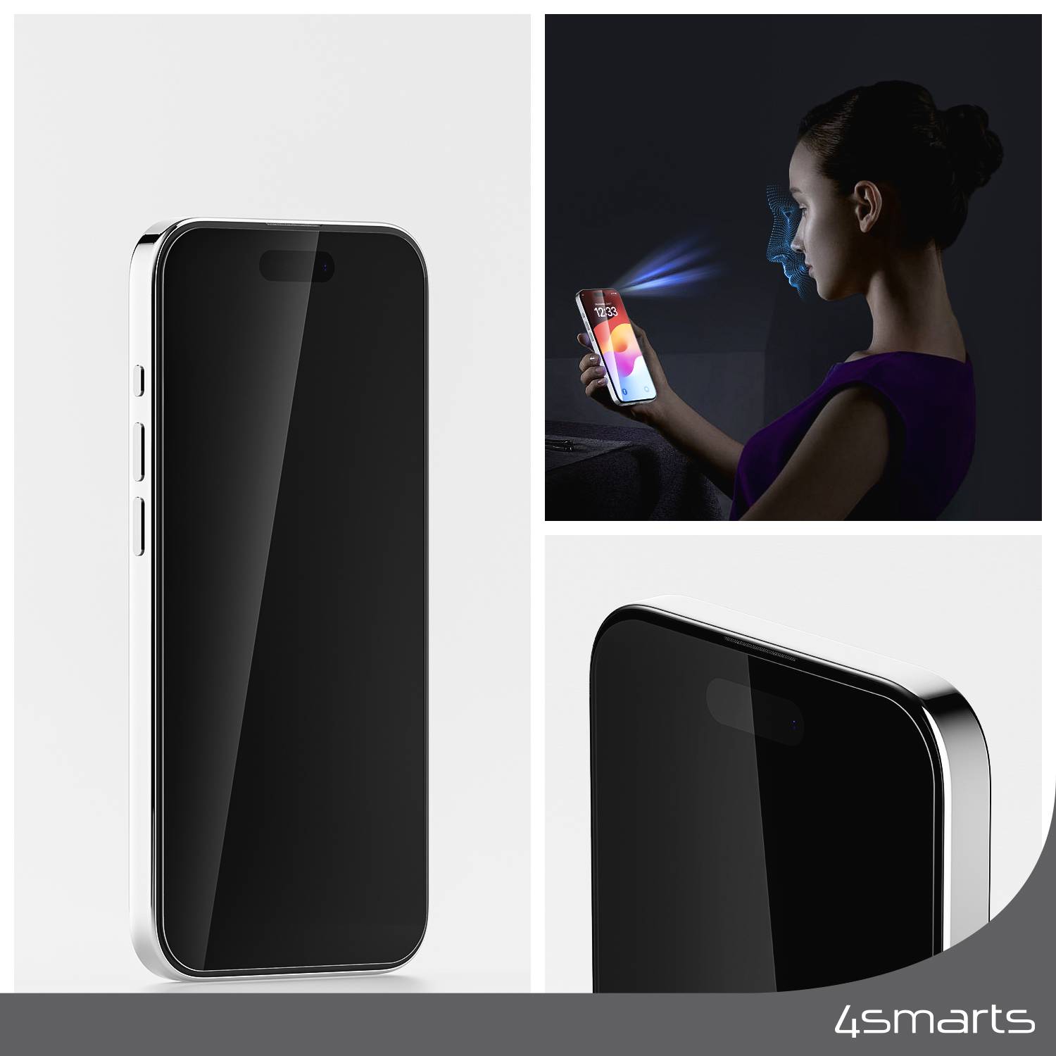 A modern smartphone with a black screen. A woman uses facial recognition to unlock the device.