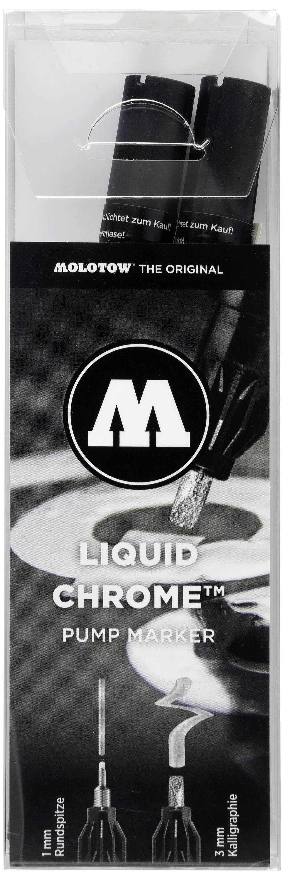 'Molotow Liquid Chrome Pump Marker' in packaging, two pens, size descriptions 1mm and 3mm. Black and silver details.