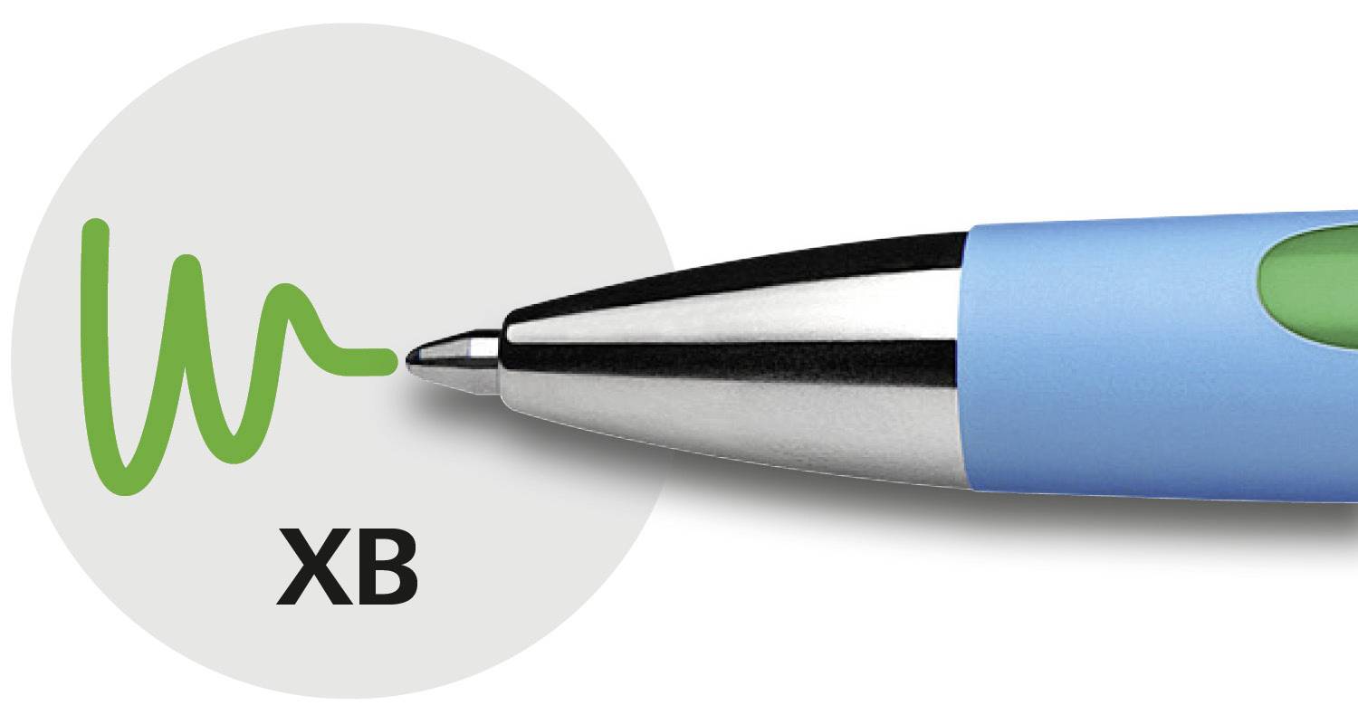Ballpoint pen with a blue barrel and green rubber grip, tip pointing to a scribbled green 'W', with 'XB' written underneath.