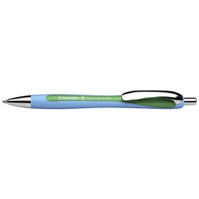 A blue and green ballpoint pen by Schneider, model Slider Rave XB, with a silver clip and tip.