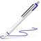 White ballpoint pens with blue tip and cap draw a blue, wavy line.