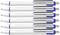 Six white ballpoint pens with blue details and silver clips, arranged in two parallel rows. Model name 'Schneider Slider Xite'.