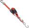 Ratchet strap with red securing strap and S-hooks at both ends, for securing loads.