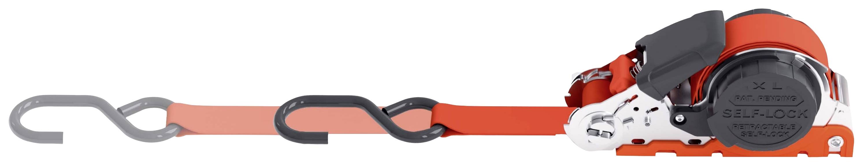 A red ratchet strap with hooks at both ends, designed for securing loads.