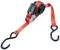 Red tension strap with ratchet and two black hooks. Ideal for securing loads.