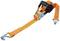 An orange ratchet strap with hooks at both ends. Used for securing items during transport.