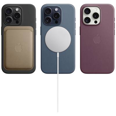 Three iPhones with cases: on the left a black case with card holder, in the middle a blue case with charger, on the right a wine-red case.