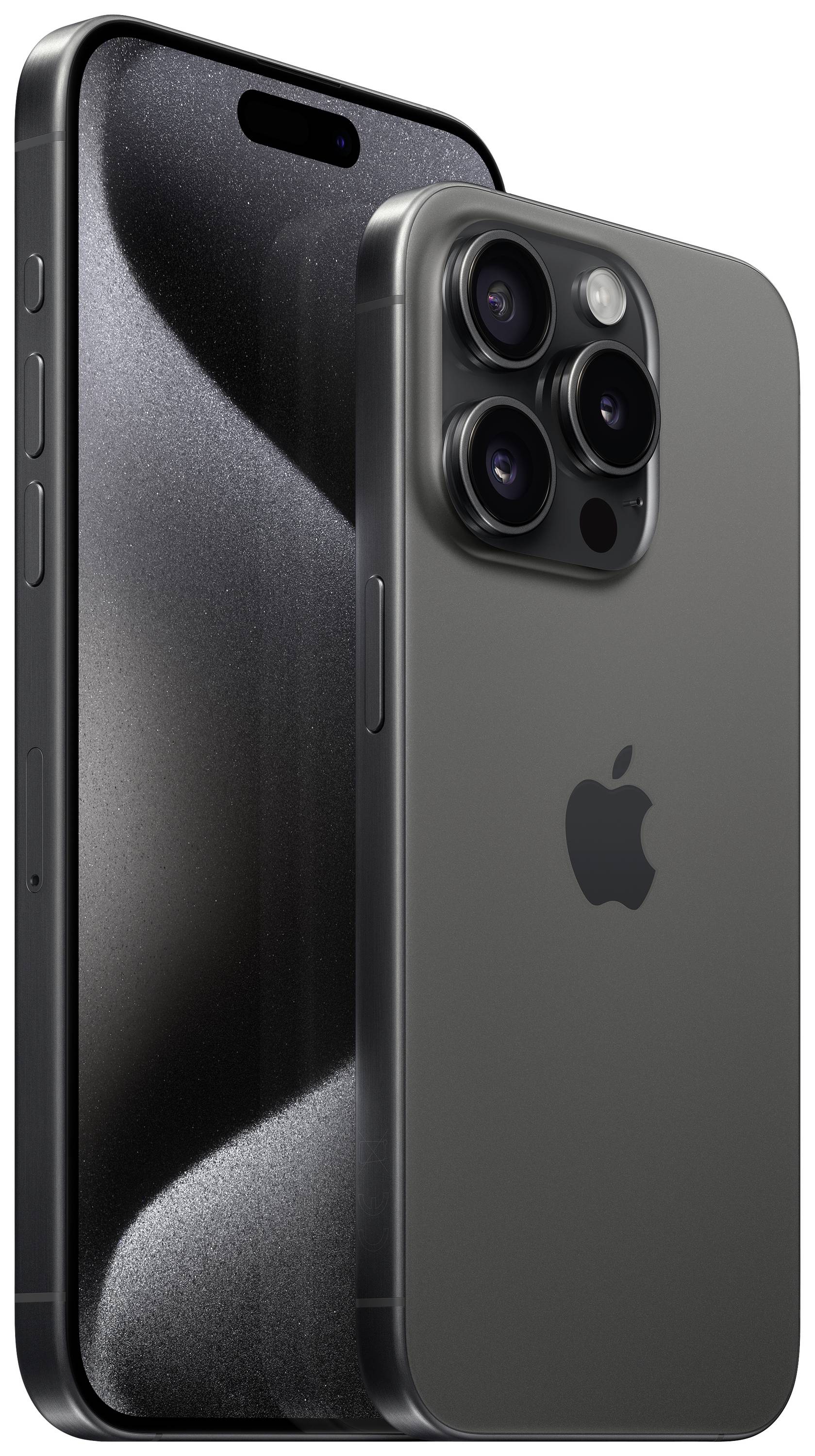 Two modern smartphones in a dark colour, standing side by side. One shows the back with multiple camera lenses, the other the display.