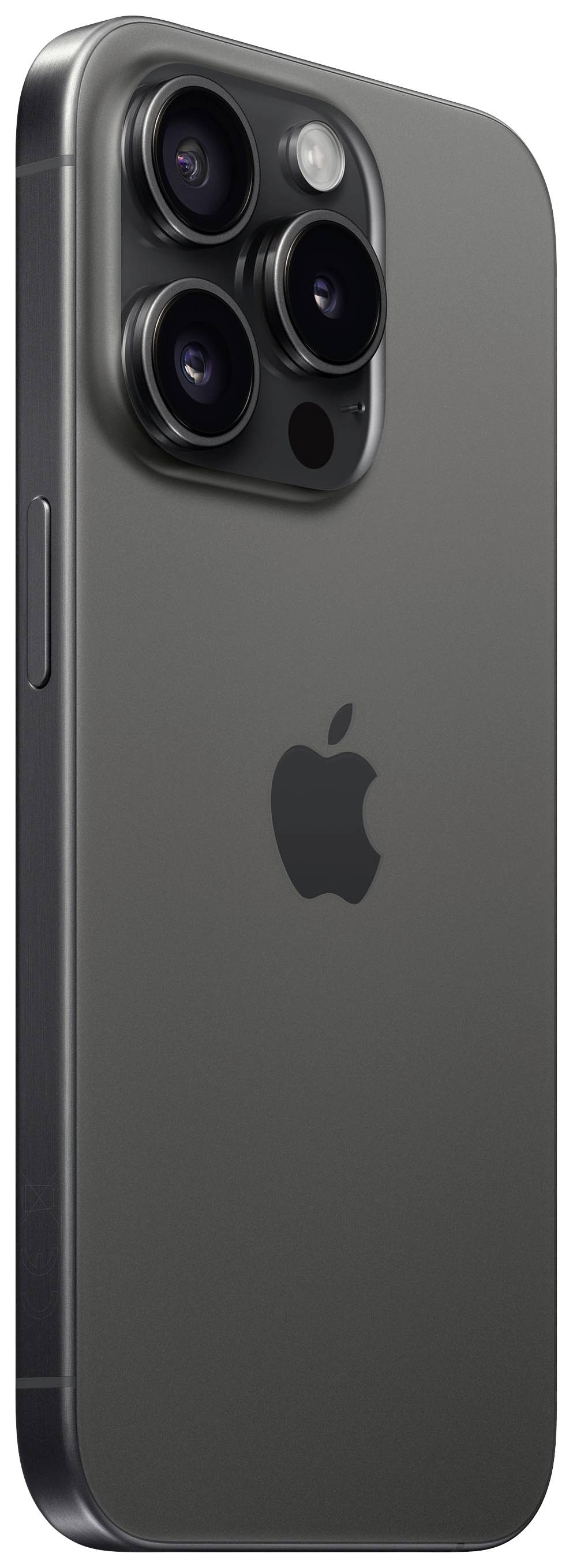 Smartphone rear view with three camera lenses and a flash. The casing is dark grey and displays an apple logo in the centre.