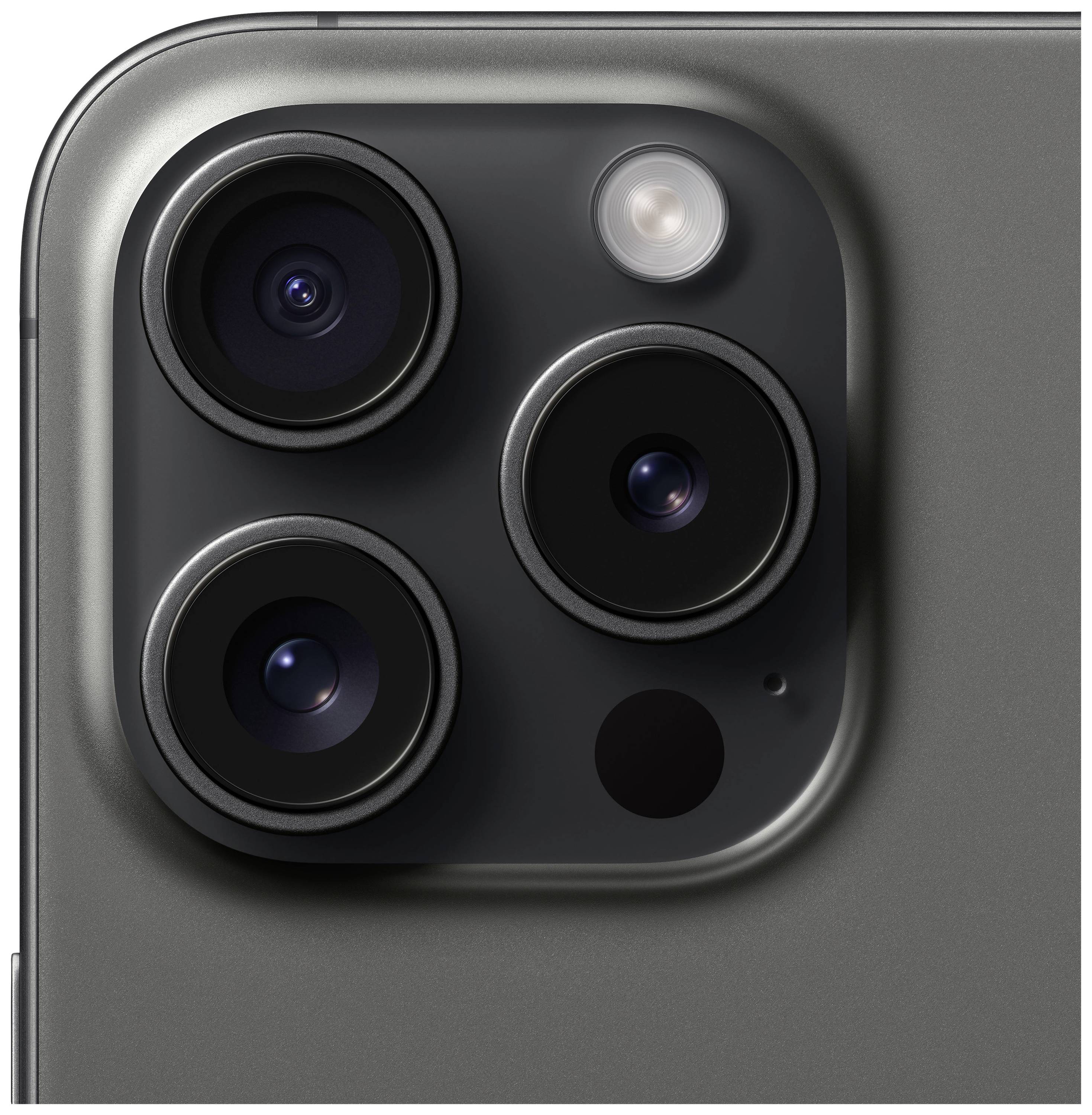 Close-up of a smartphone camera with three lenses and a flash. The camera is embedded in a rectangular module.