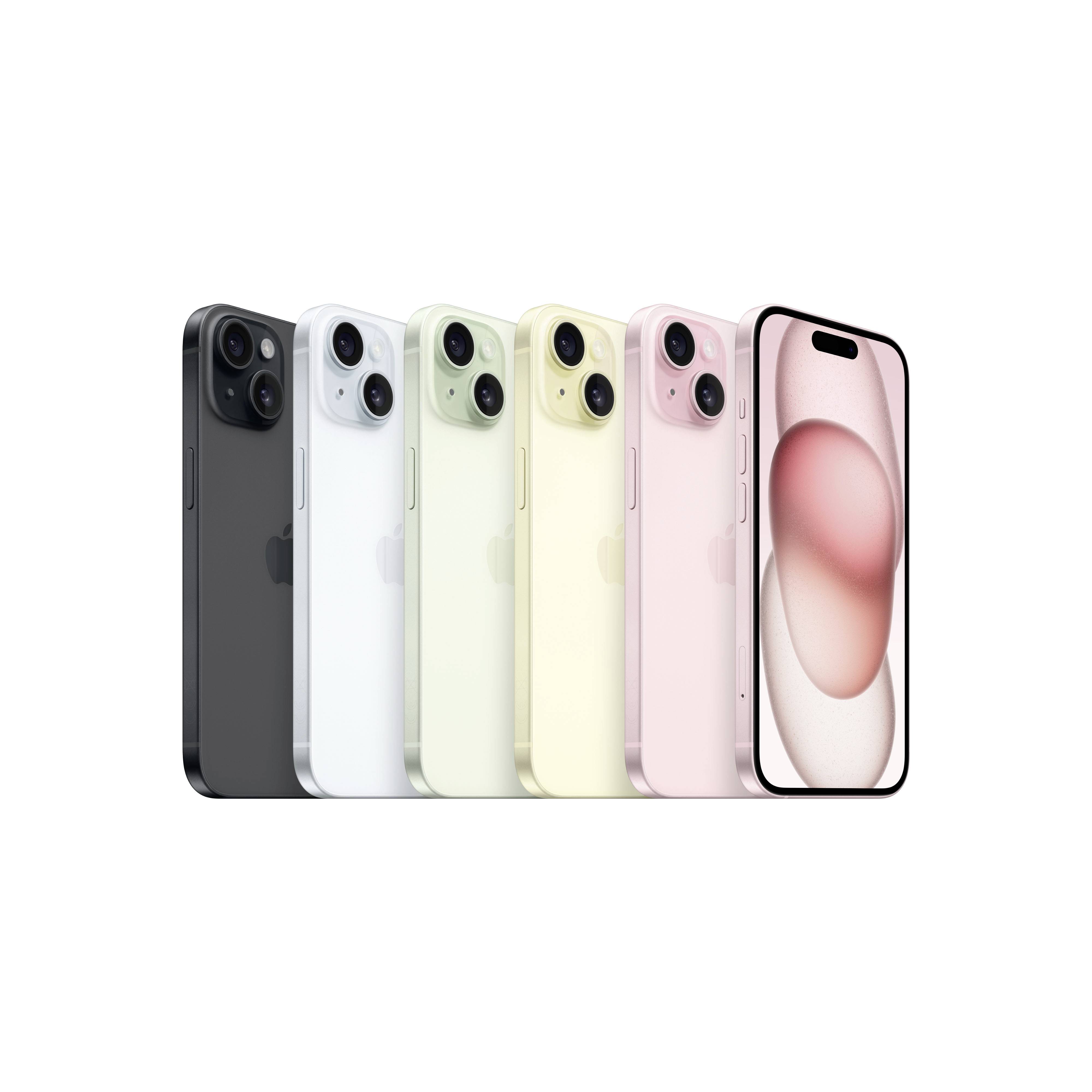 Five iPhones in different colours are lined up side by side, from left to right black, blue, yellow, pink, with one model shown from the front.