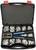 An open toolbox containing a crimping tool and various connectors in separate compartments, all housed in a black case.