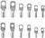 Eleven metal cable lugs of varying sizes, arranged in two rows side by side.