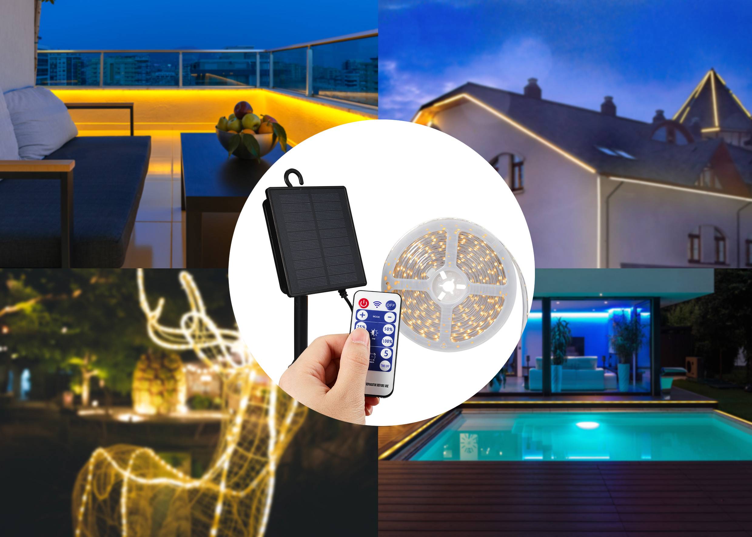 Solar-powered LED lights, perfect for outdoor decoration, with remote control. Depiction: illuminated garden, patio and swimming pool.