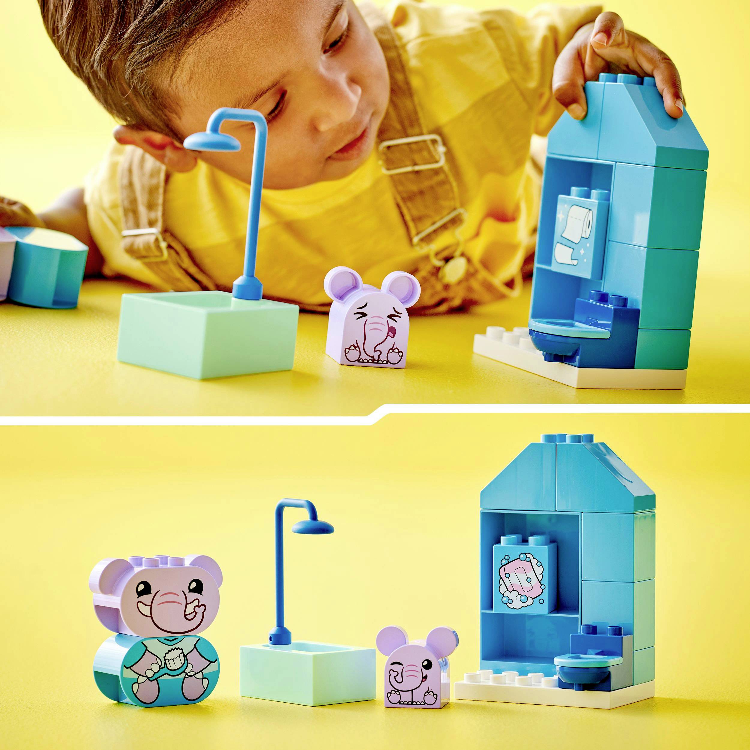 A child is playing with colourful building blocks, including a mouse figurine and a structure with a screen. Everything is set against a yellow background.