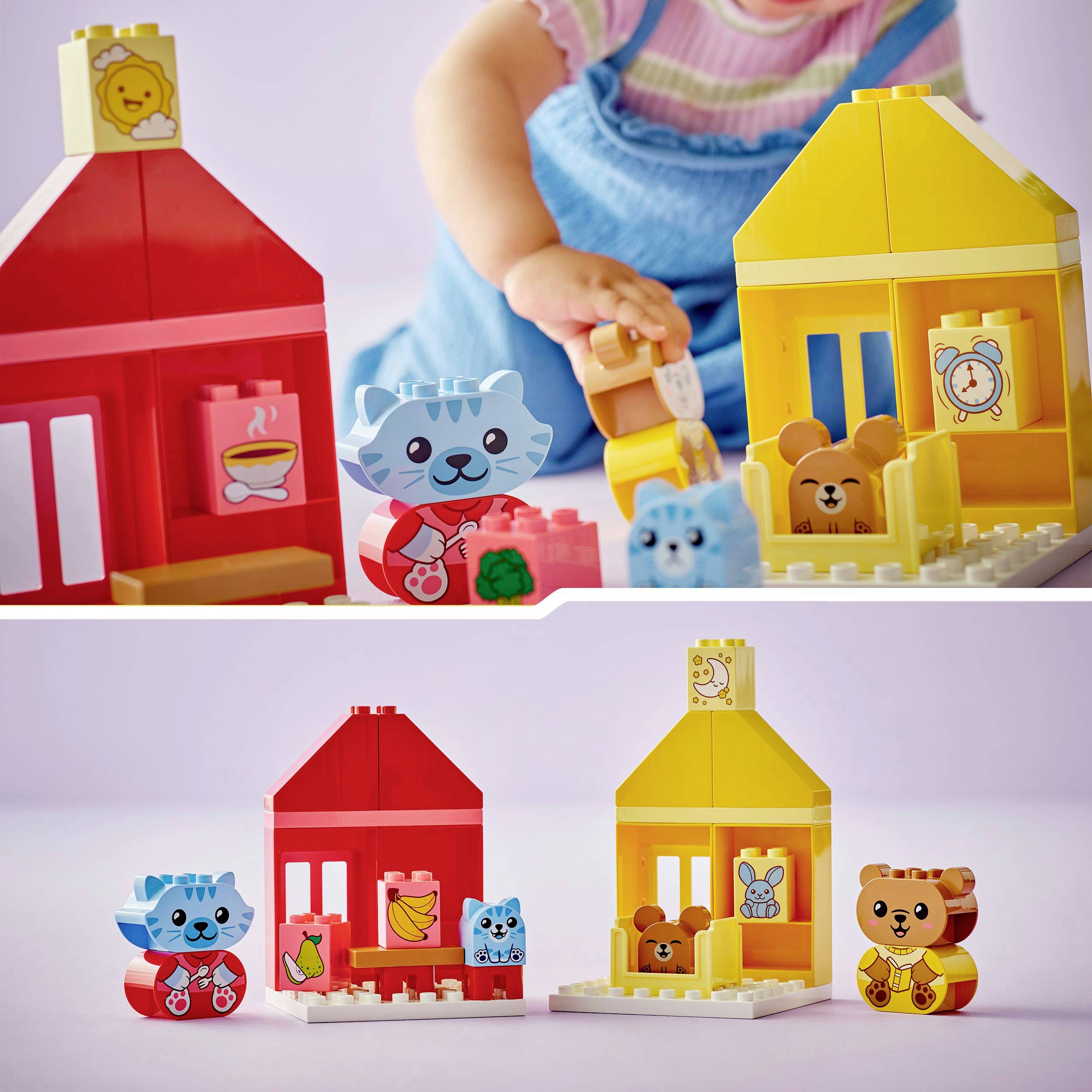 Children's toy building blocks: Two colourful houses with animal figures. A child plays with one of the houses and arranges the pieces.