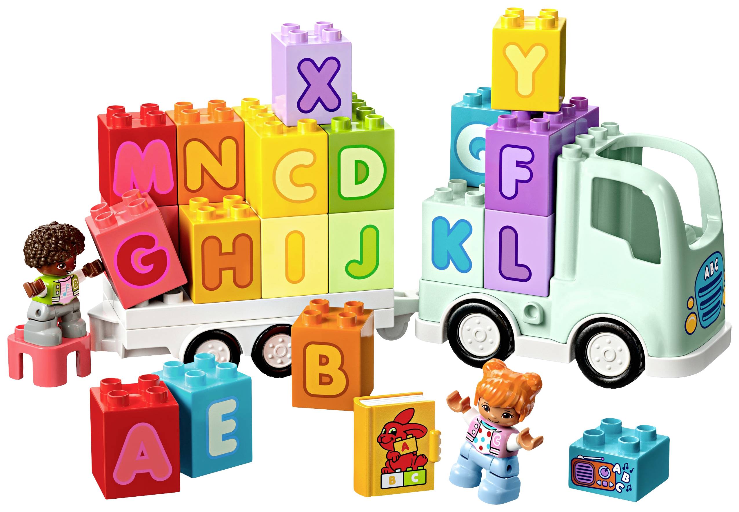 A toy lorry with colourful, alphabetically labelled building blocks is accompanied by two toy figures.