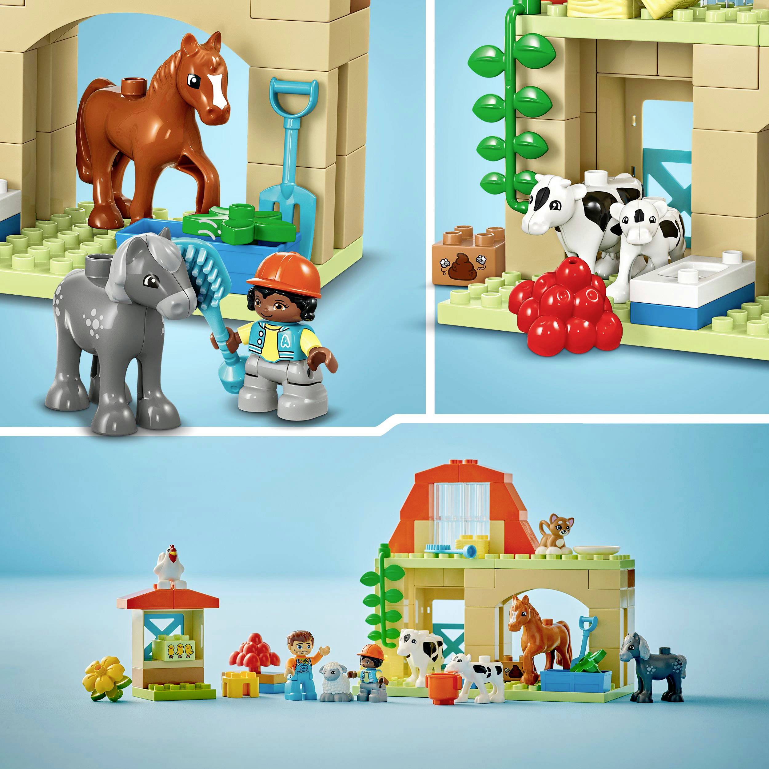 Toy Farm: Includes a horse, cow, dog and two figures. One figure is holding a broom. The animals and figures are colourful and intricately detailed.