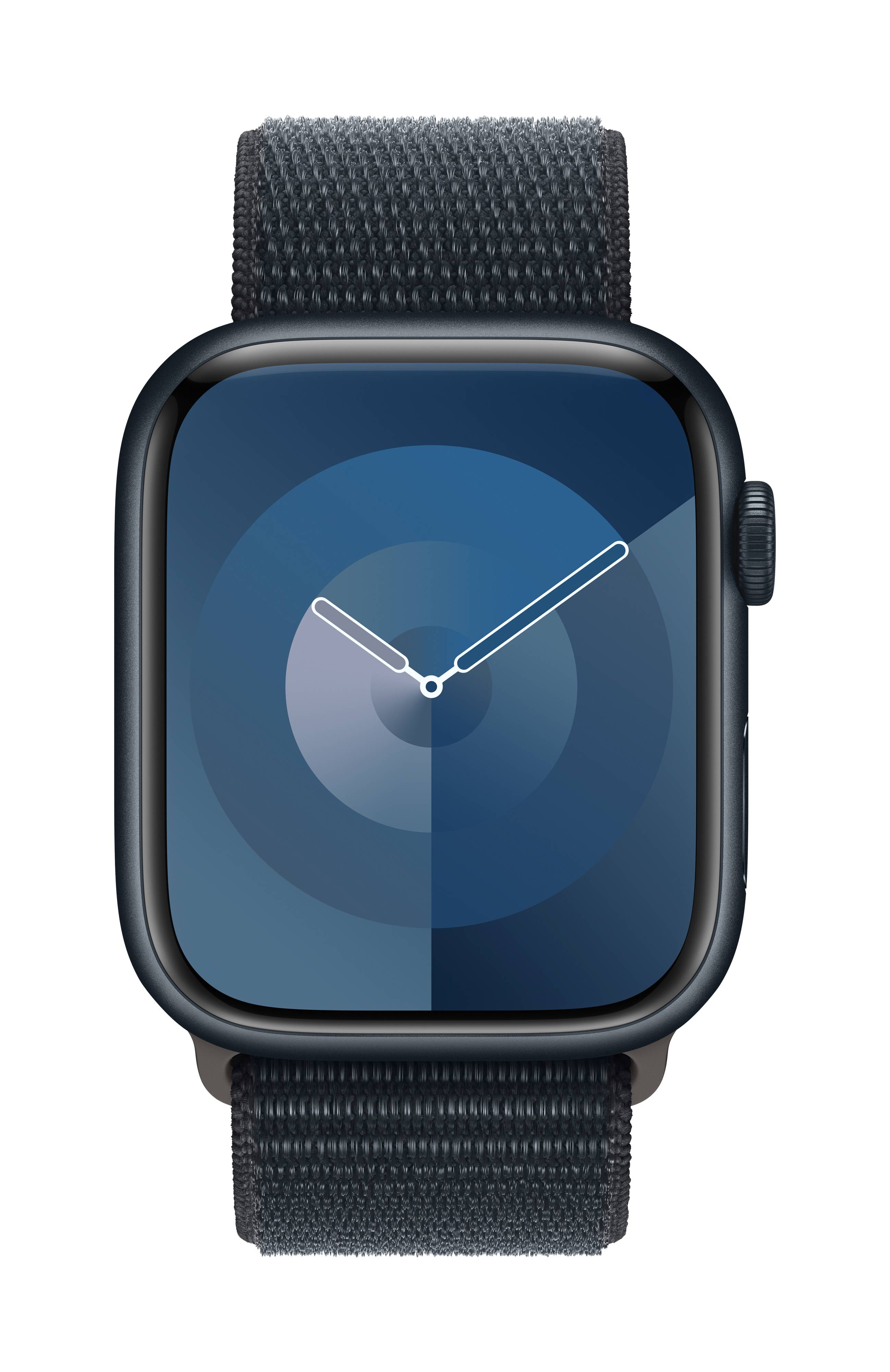 A smartwatch with a navy blue strap displays a minimalist watch face.