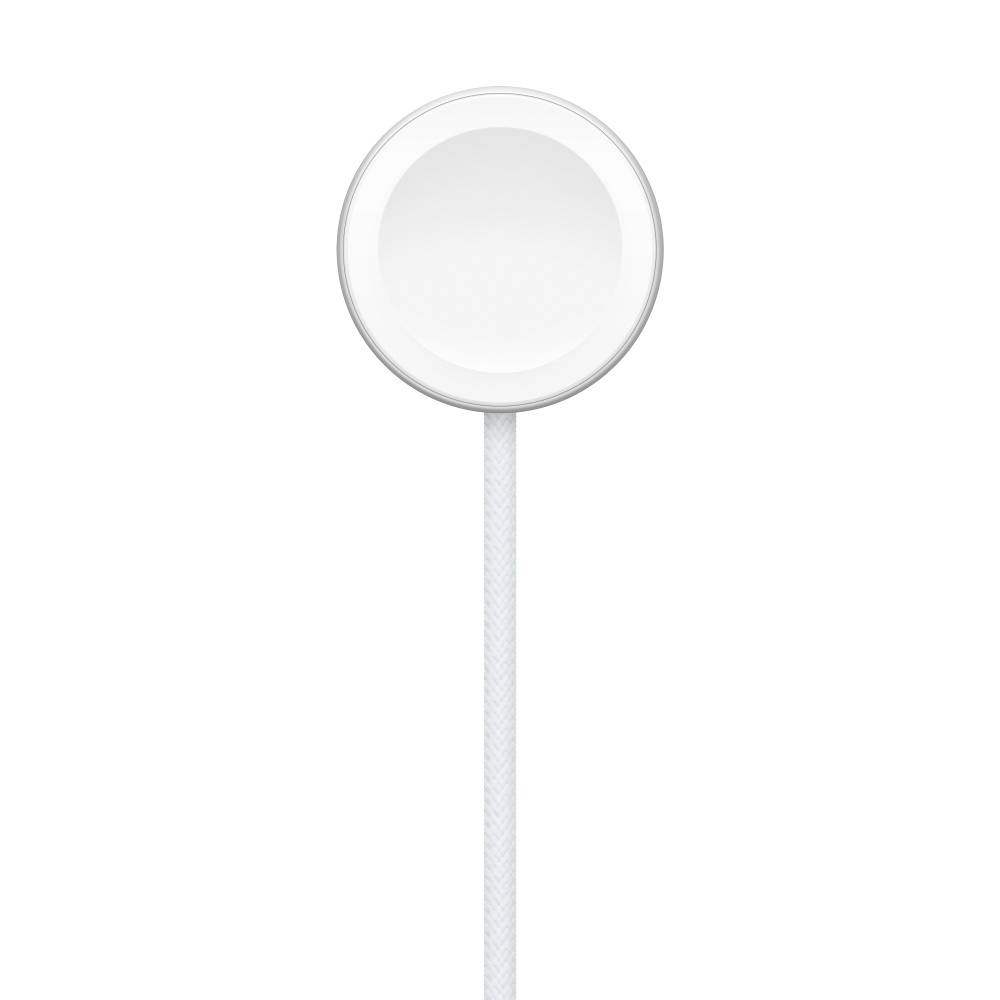A round, white charger with a cable, resembling a magnetic charging device, on a white background. Perfect for wireless charging.