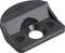 A black, rectangular plastic object with a central round aperture and several curved edges, likely a component.