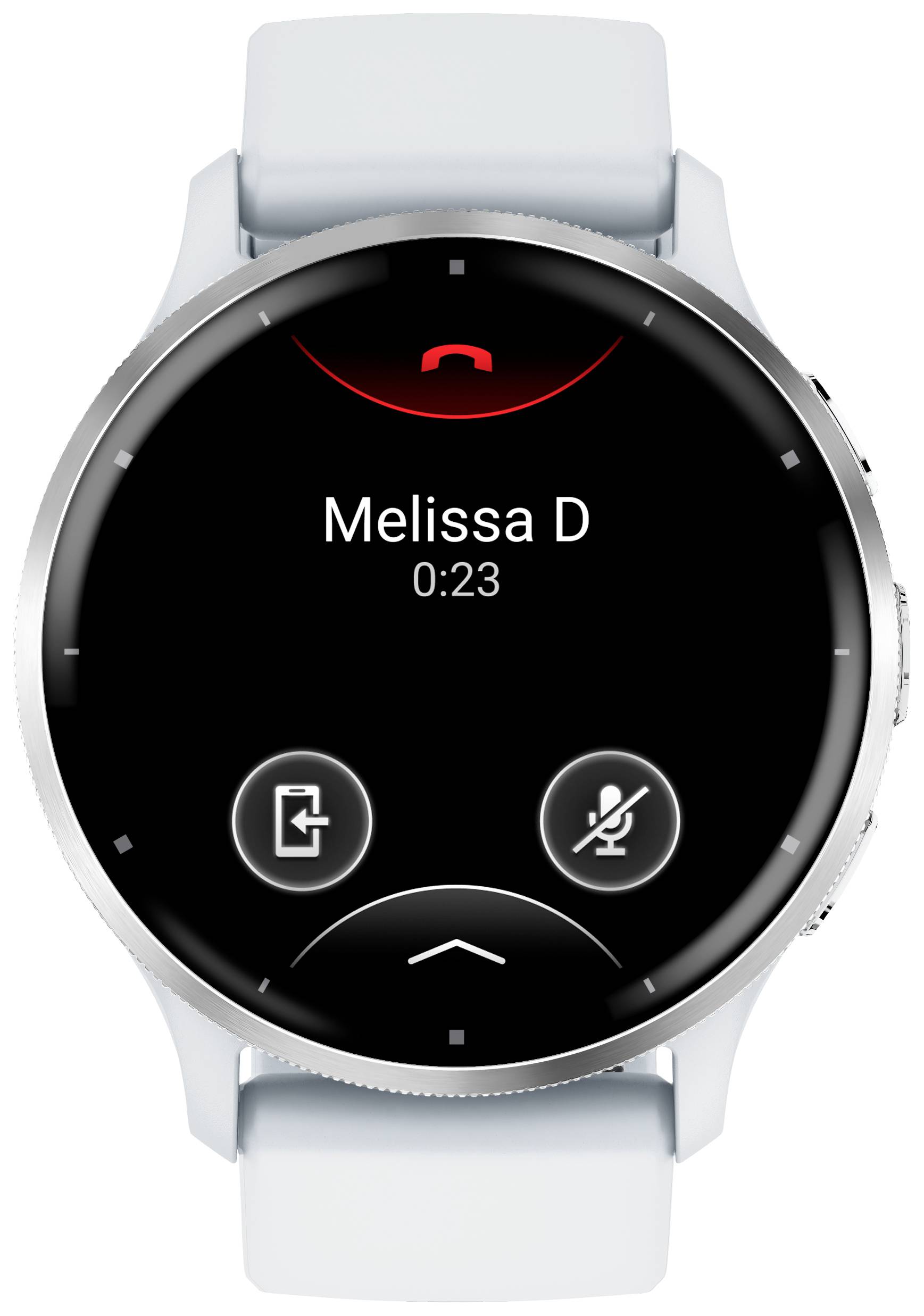 A round smartwatch with a grey strap displays a phone screen showing a call from 'Melissa D', duration: 23 seconds.