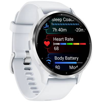 A smartwatch displays 'Heart Rate: 68', 'Sleep: 7h 40m', and 'Body Battery: 80'. White strap with a silver casing.