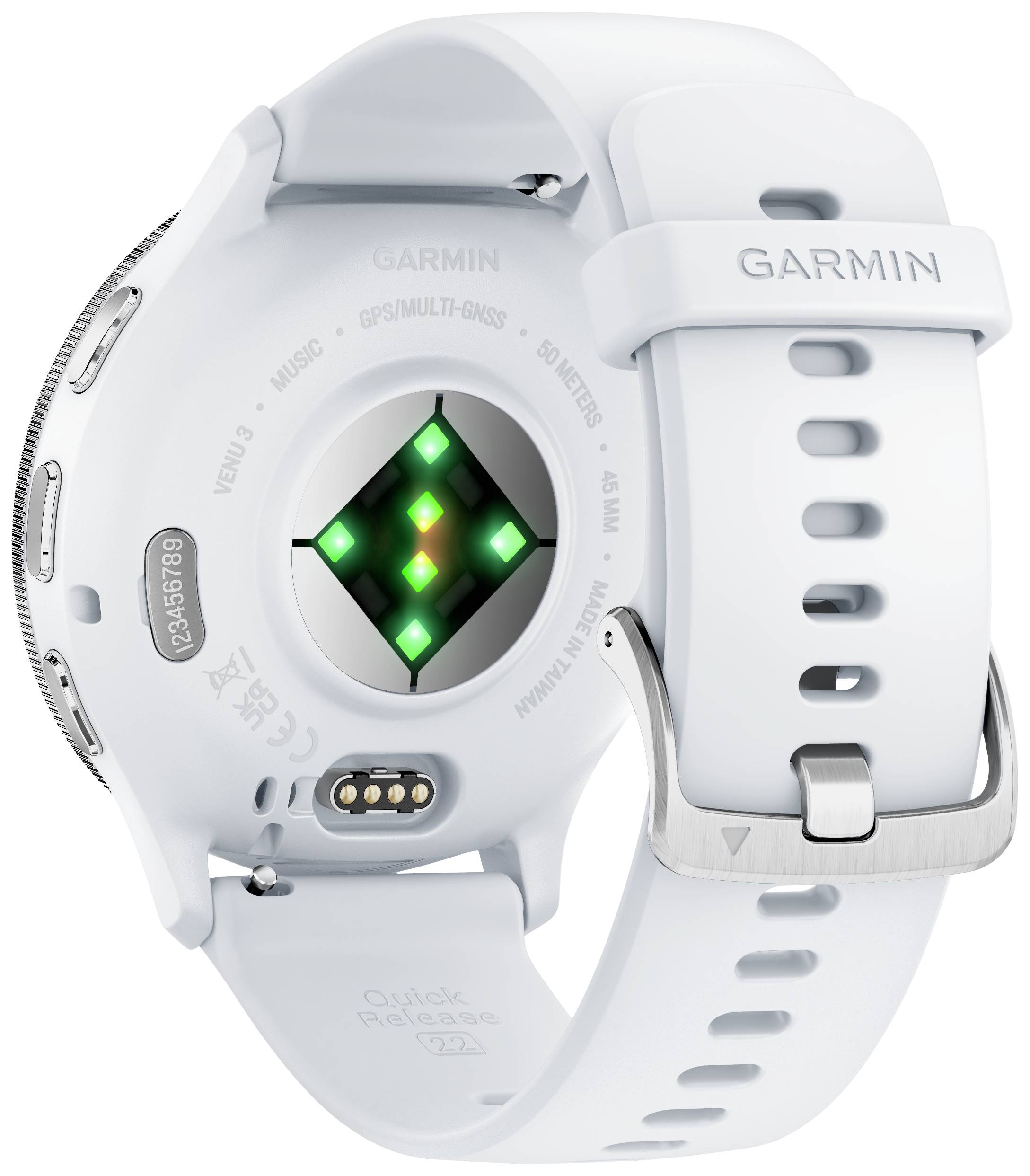 A white Garmin smartwatch viewed from behind. The heart rate sensor is glowing green. The watch strap buckle is visible.