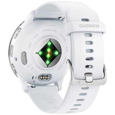 A white Garmin smartwatch viewed from behind. The heart rate sensor is glowing green. The watch strap buckle is visible.