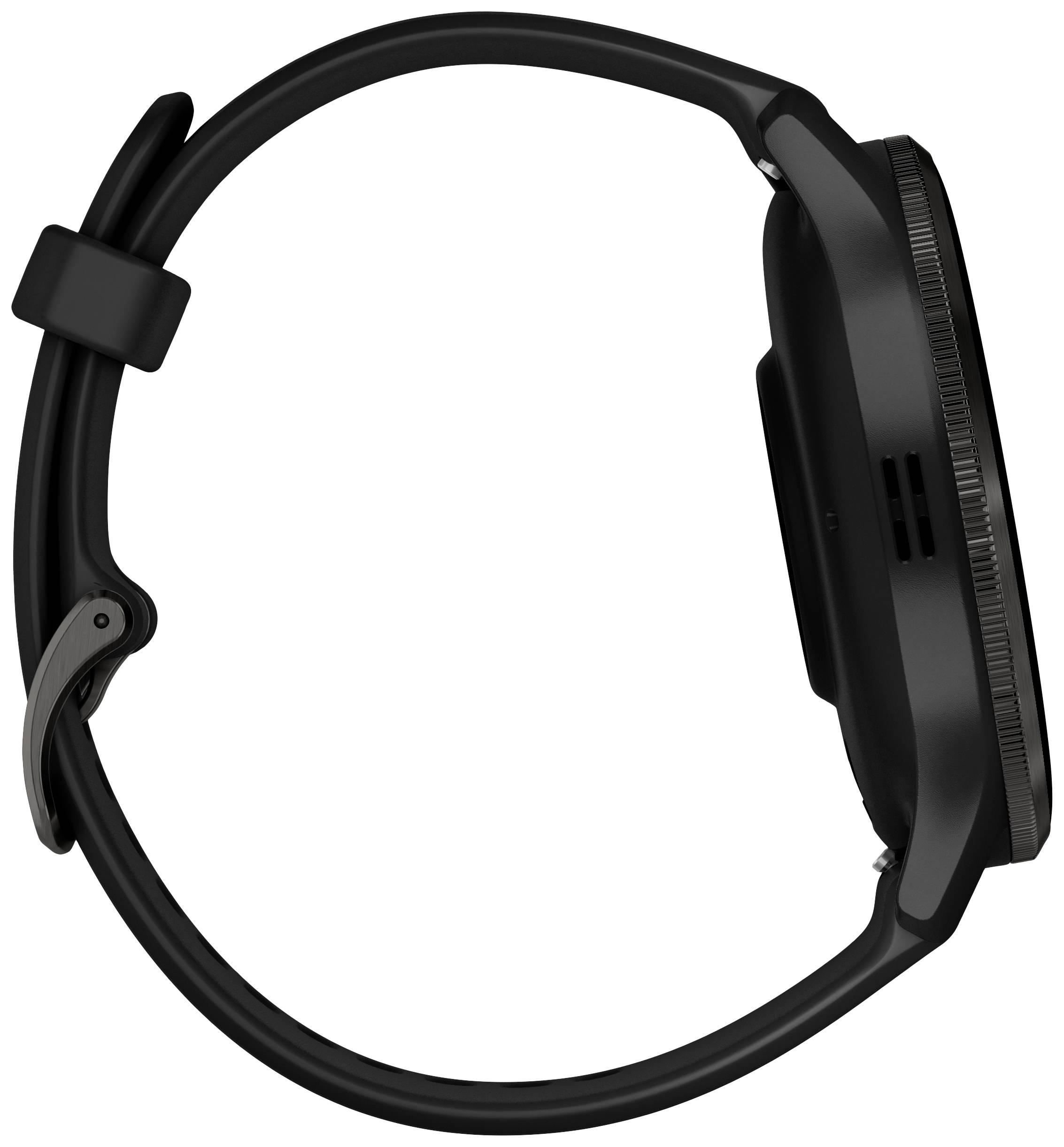 Black smartwatch in side profile, showing the design of the case and strap, with no visible display.