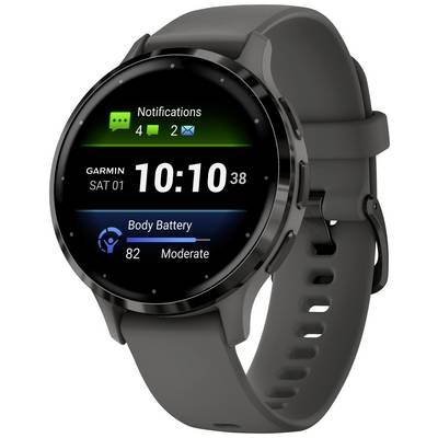 Smartwatch with round display, showing time 10:10, date 'Saturday, 1st', notifications, Body Battery level 82, 'Moderate'.