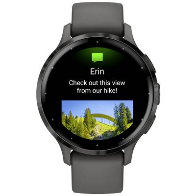 Smartwatch displays message from Erin: 'Take a look at this view from our walk!' with a photo of a woodland scene and a bridge.