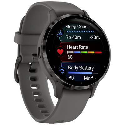 A smartwatch with a grey strap displays on the screen: 'Heart Rate 68', 'Body Battery 80' and 'Sleep Coach 7h 40m'.