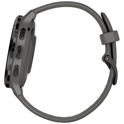 One-sided profile of a grey smartwatch with wristband, with digital buttons and bezel visible.