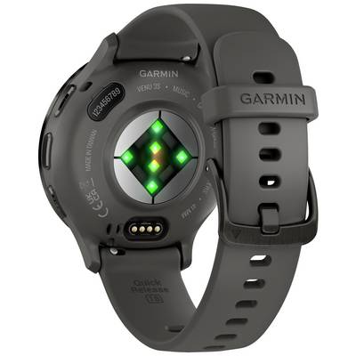 A grey smart watch with green sensors on the back, brand name visible. Suitable for fitness and health monitoring.