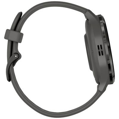 Side view of a grey wristwatch with a round case and silicone strap. No visible details on the watch face.